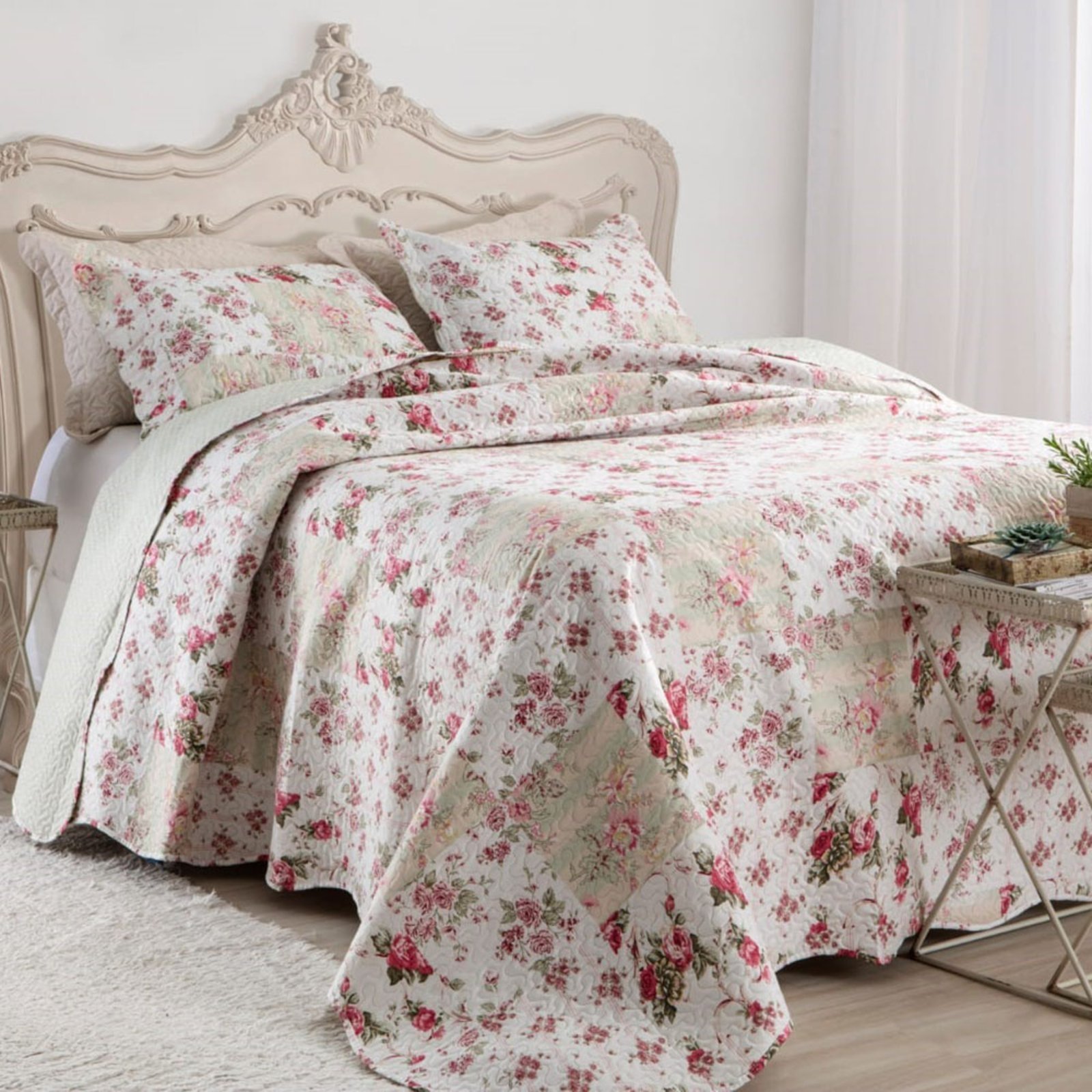 Kit Cobre Leito Colcha Casa Scarpa Mix King Estampado Dupla Face Floral 3 Peças - Isabela