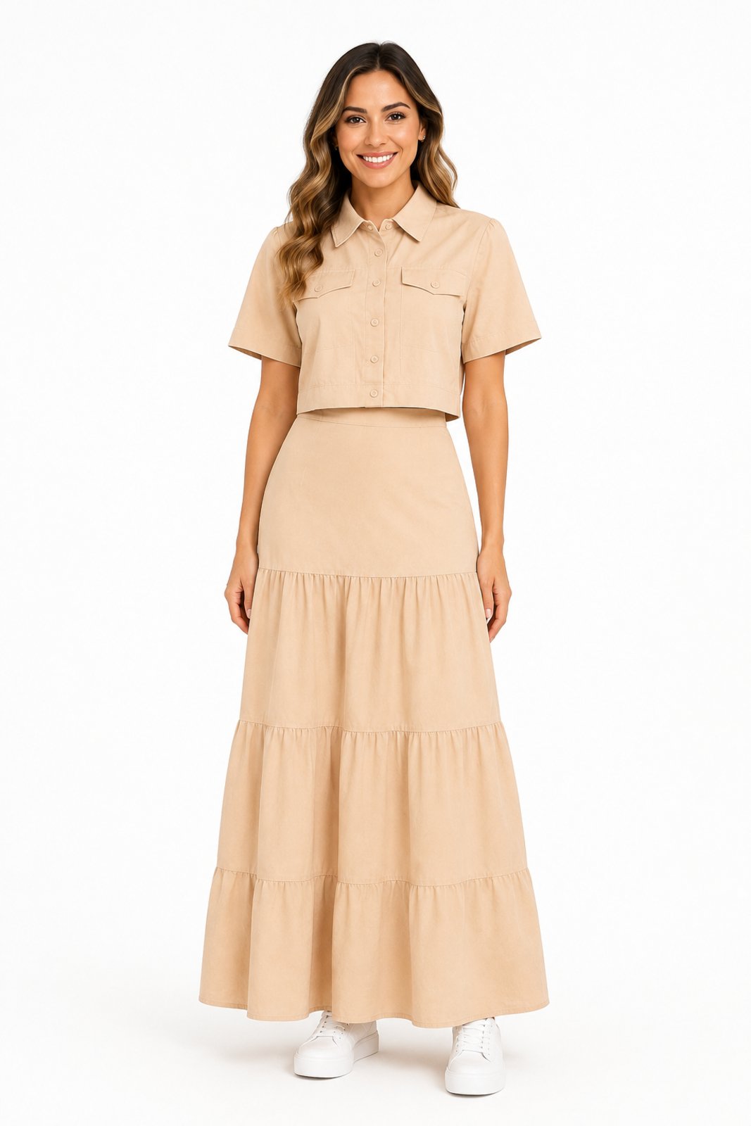 Conjunto D Bell Outlet Fashion Camisa Cropped Saia Longa Três Marias Bege