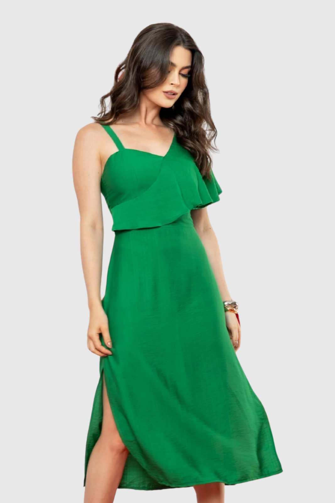 Vestido Feminino Amora Café Midi com Babados Verde