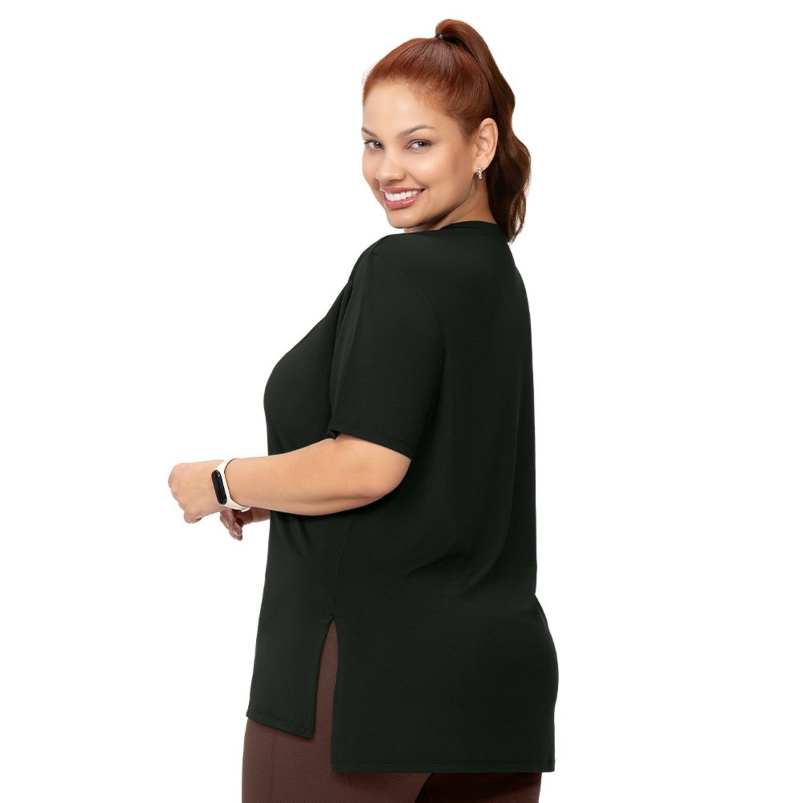 Camiseta Fitness Plus Size Feminina Alongada Abertura Lateral Preto