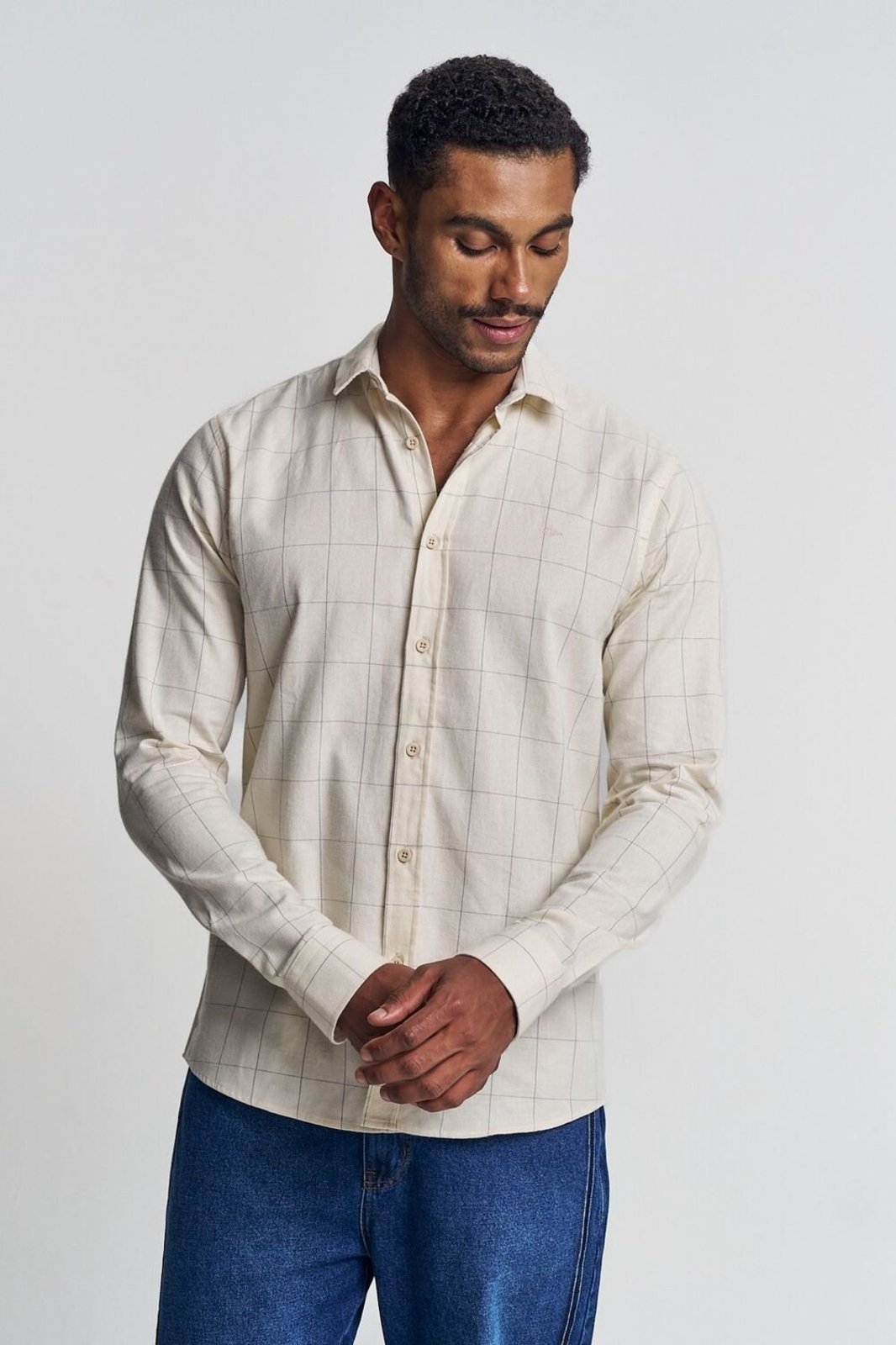 Camisa Masculina Xadrez Manga Longa Triton Bege Xadrez