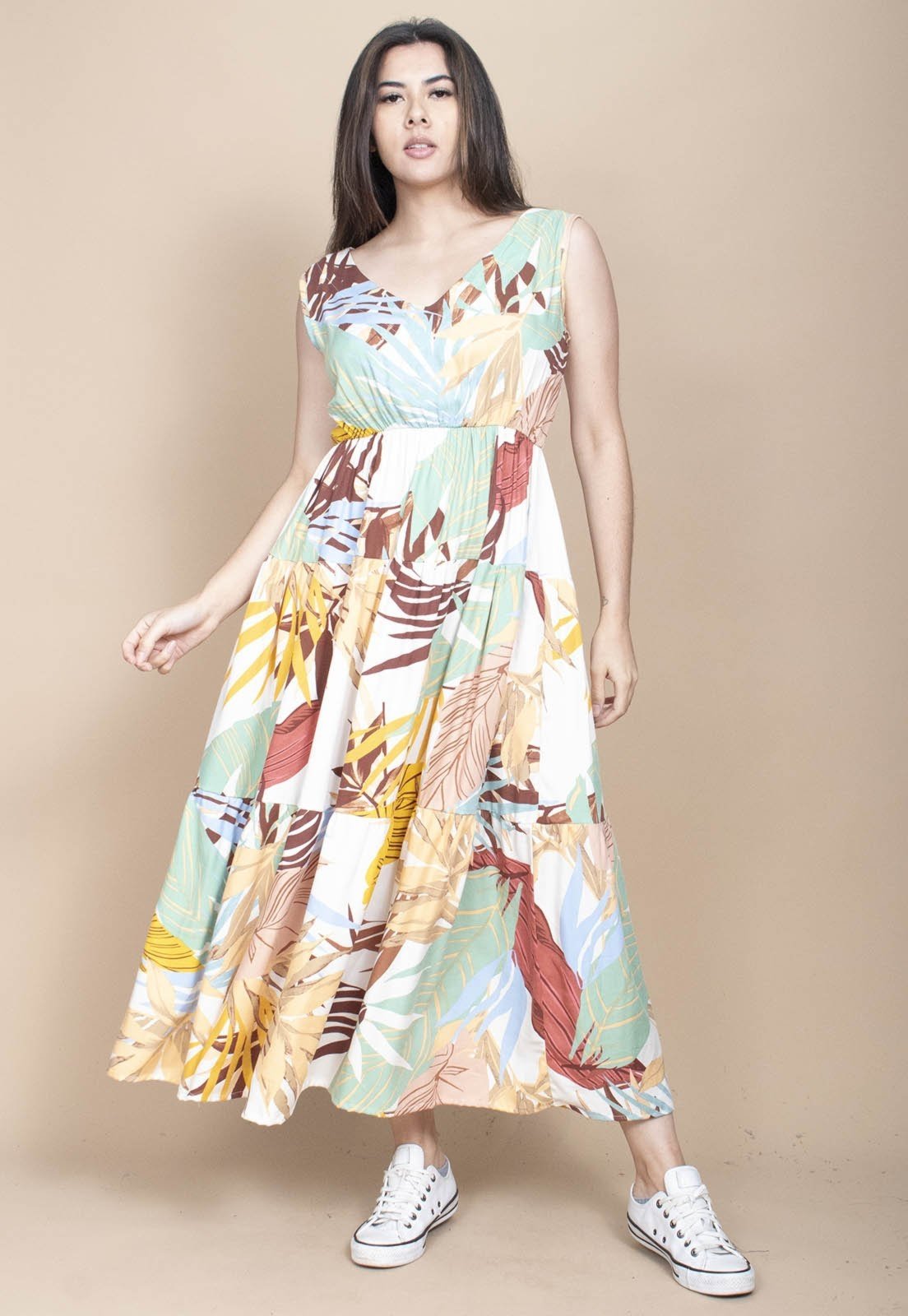 Vestido Cabanafree Regata Longo Peri Viscose Camadas Estampa Aurora Suave