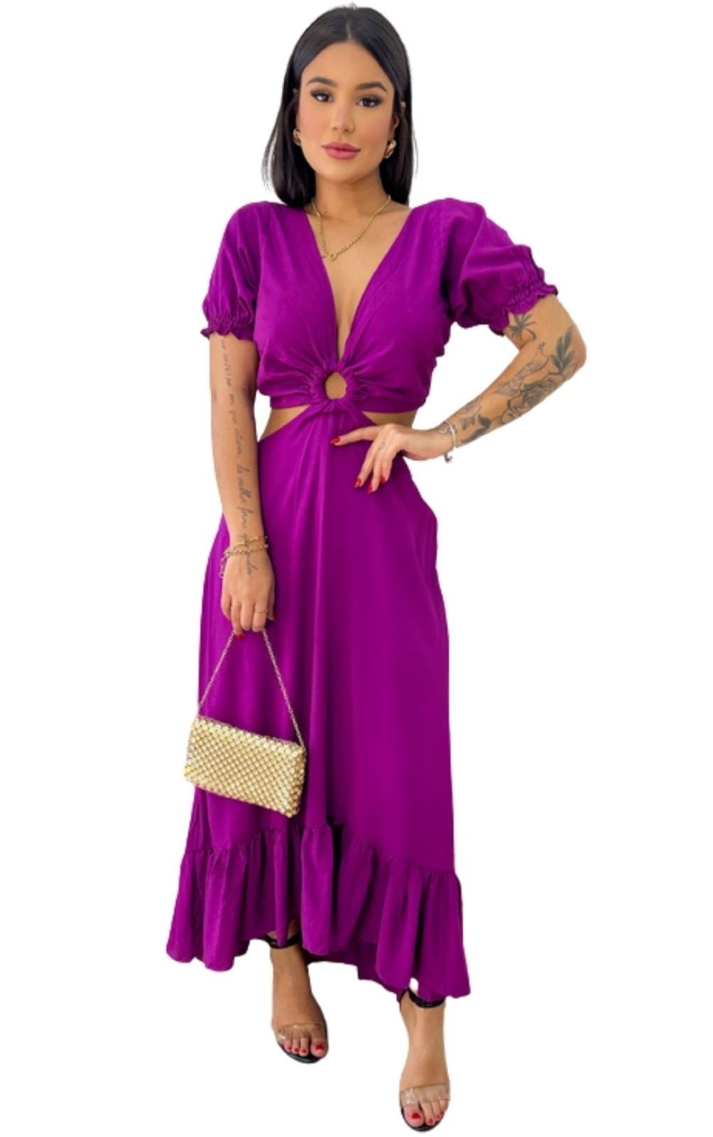 Vestido Midi Tais Viscose Abertura Argola Roxo