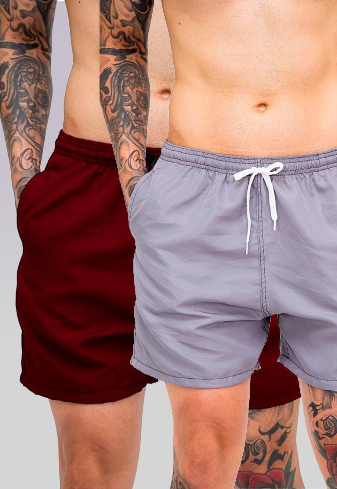 Kit 2 Shorts Tactel Premium Bermudas Moda Praia tectel Cinza e Vinho Bordo