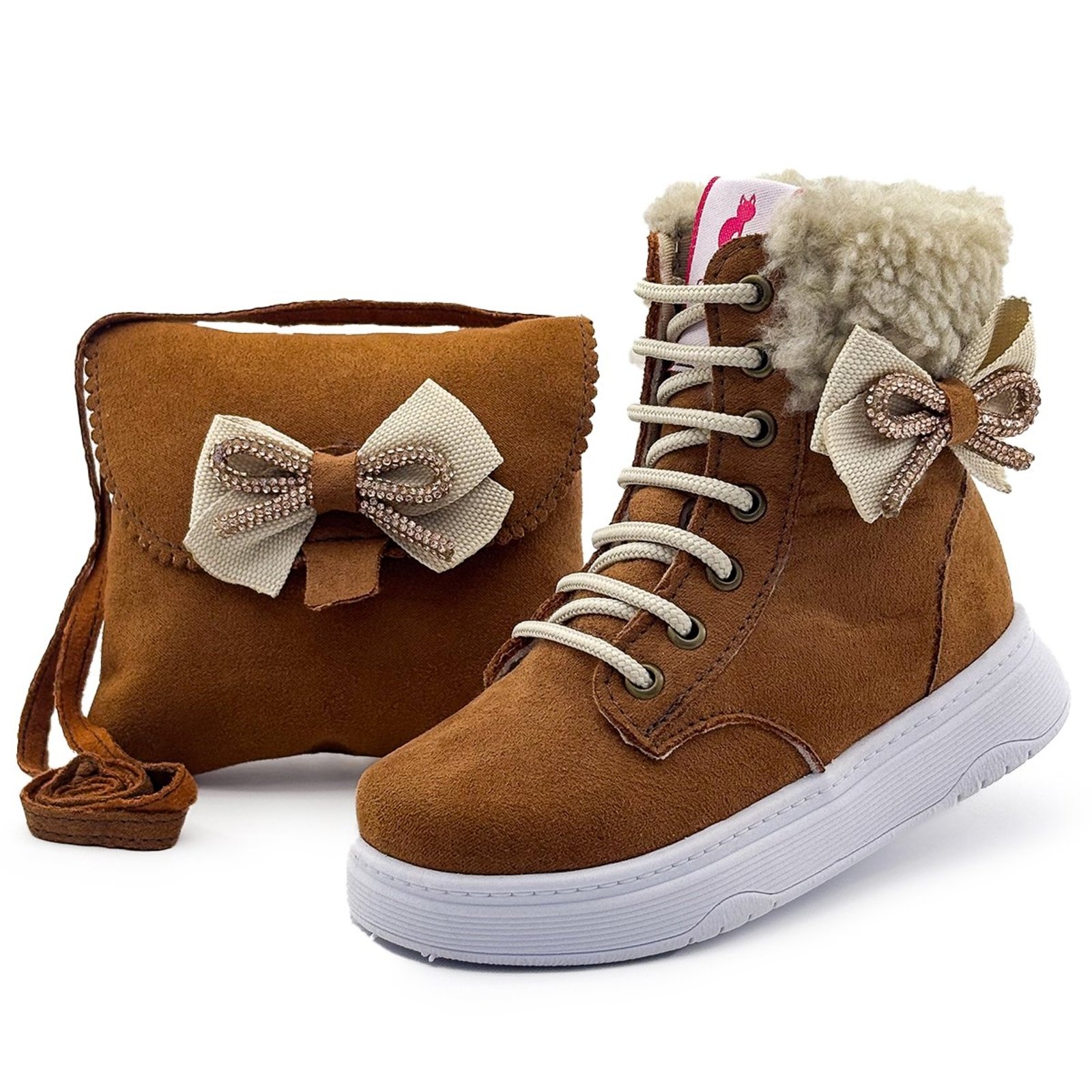 Infantil - Kit Botinha Menina Com Bolsa Com Laço Inverno Feminina Caramelo