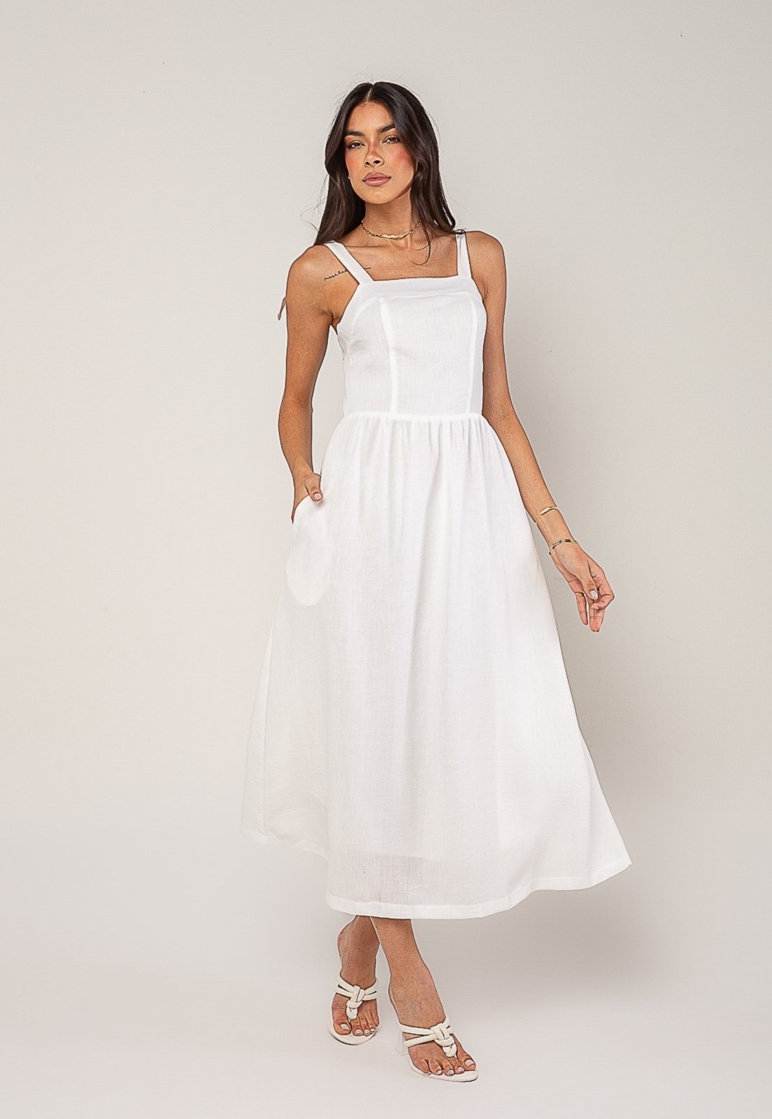 Vestido Alfaiataria Midi Com Alças Largas e Amarração Salvatore Branco