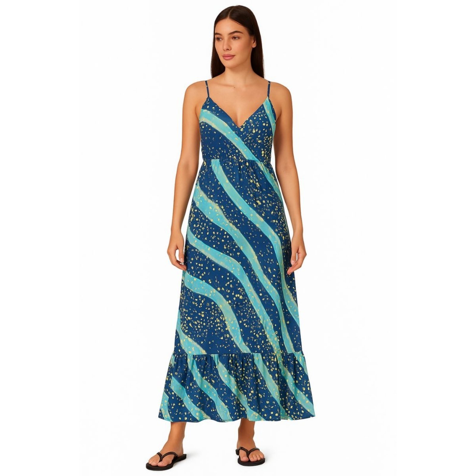 Vestido Longo FMF Indiano Estampado Feminino Chic Azul