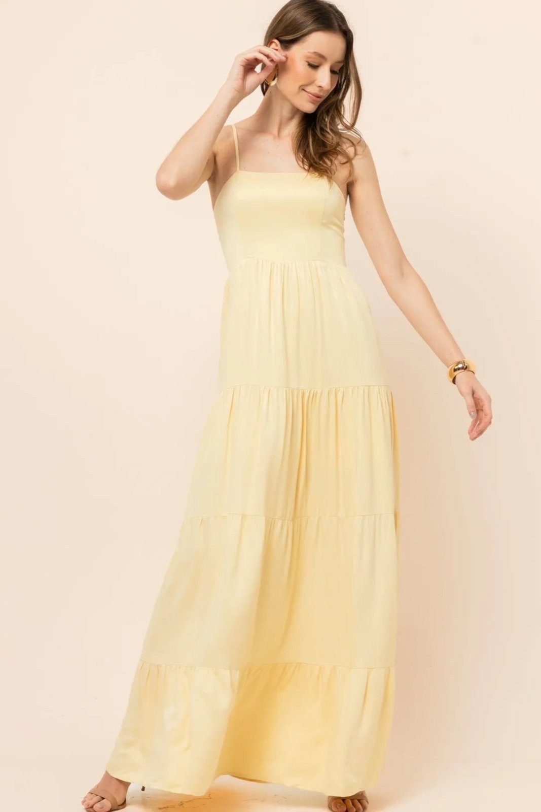 Vestido Ana Em Viscose Com Alças Finas Lastex Costas- Amarelo Candy