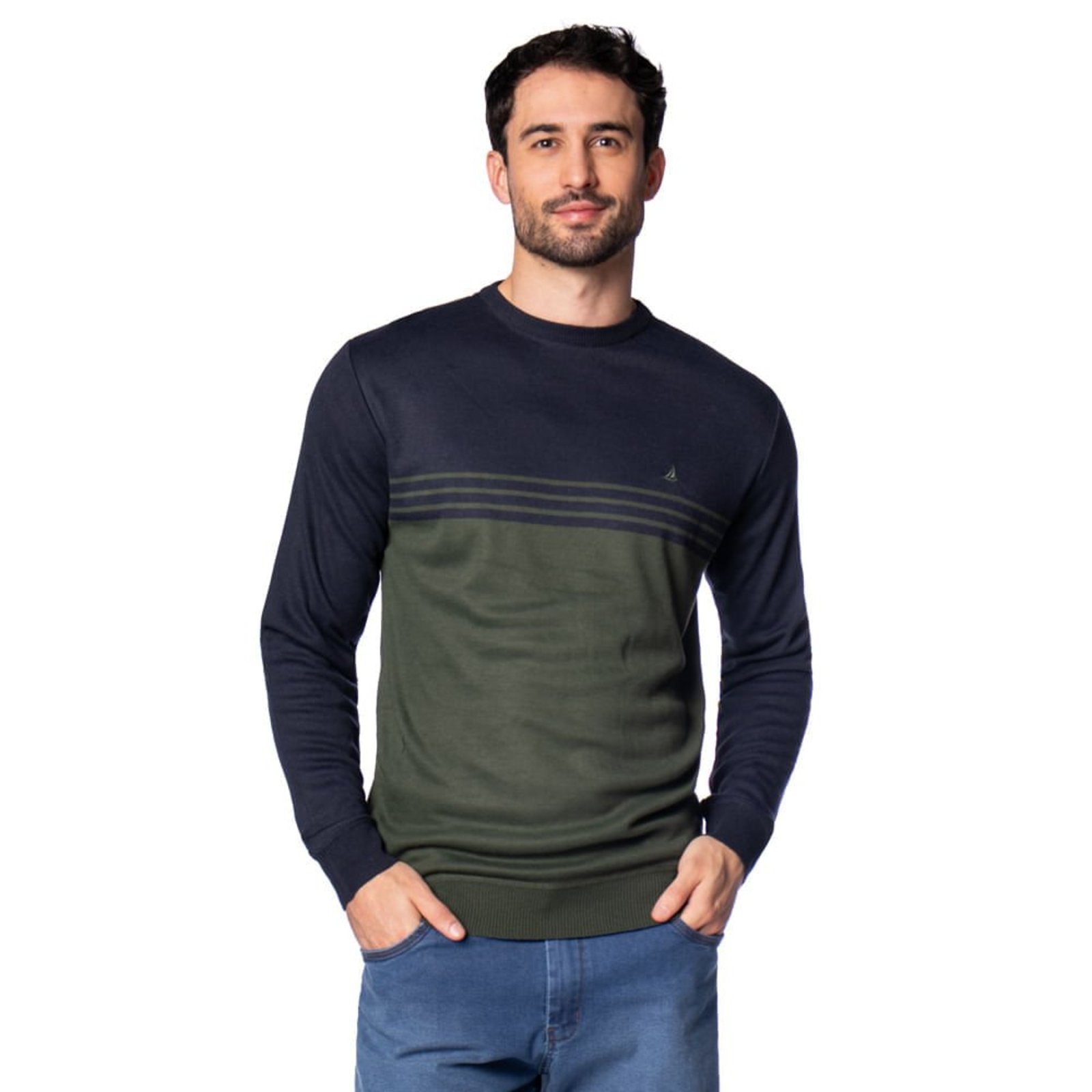 Suéter Masculino John Sailor Bicolor Marinho/Verde Mescla