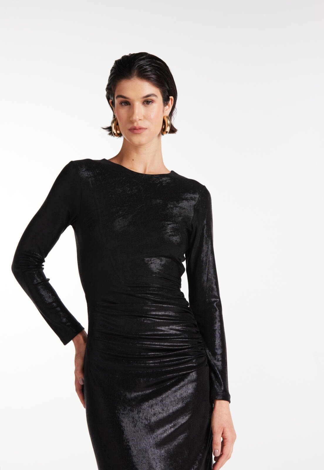 VESTIDO DRAPEADO COM FENDA TRAYMON – PRETO – PP