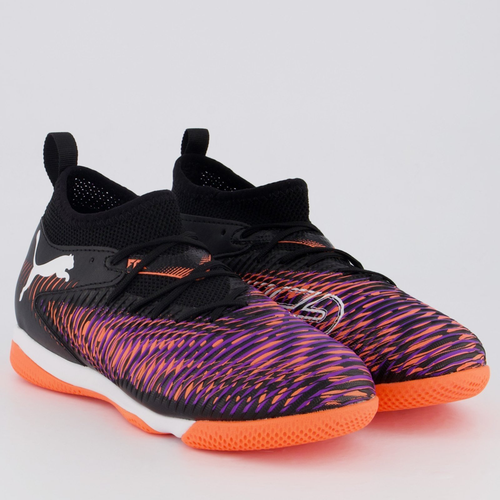 Vista 3 Chuteira Puma Future 8 Match IT + MID Futsal Juvenil Preta e Laranja preto Puma preto