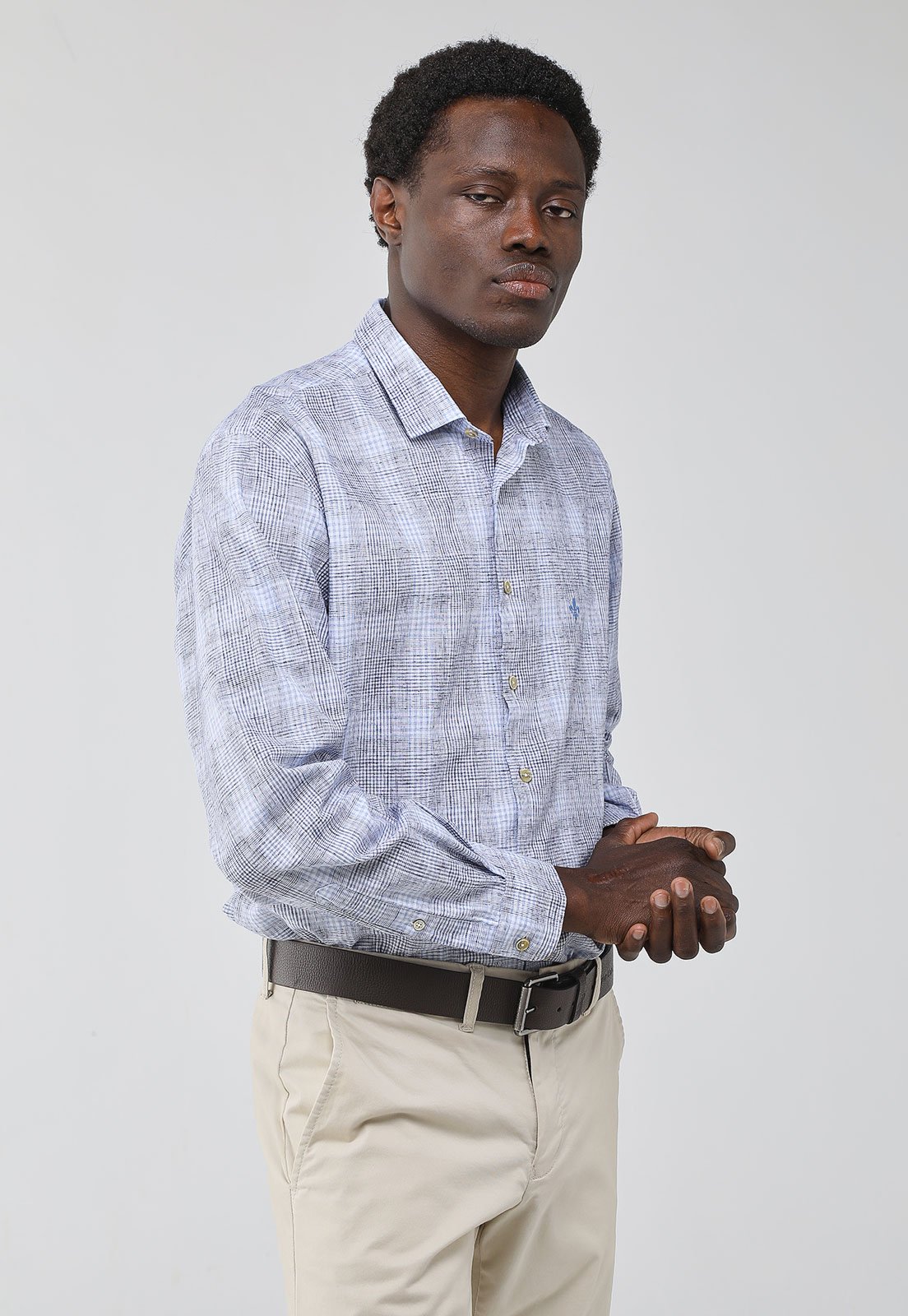 Camisa Masculina Dudalina Xadrez Azul Claro e Branco