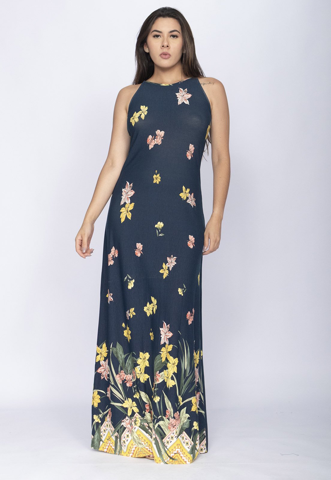 Vestido CabanaFree Longo Malha Trapézio Floresce Azul
