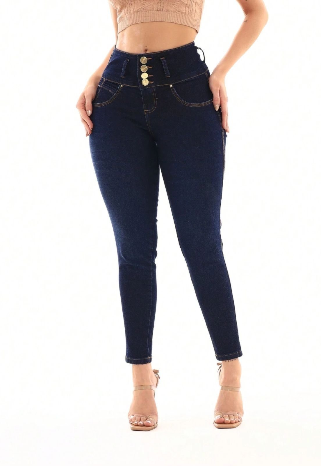 Calça Jeans Feminina GARAIS MODA Lavagem Escura 3 Botões Linha Premium