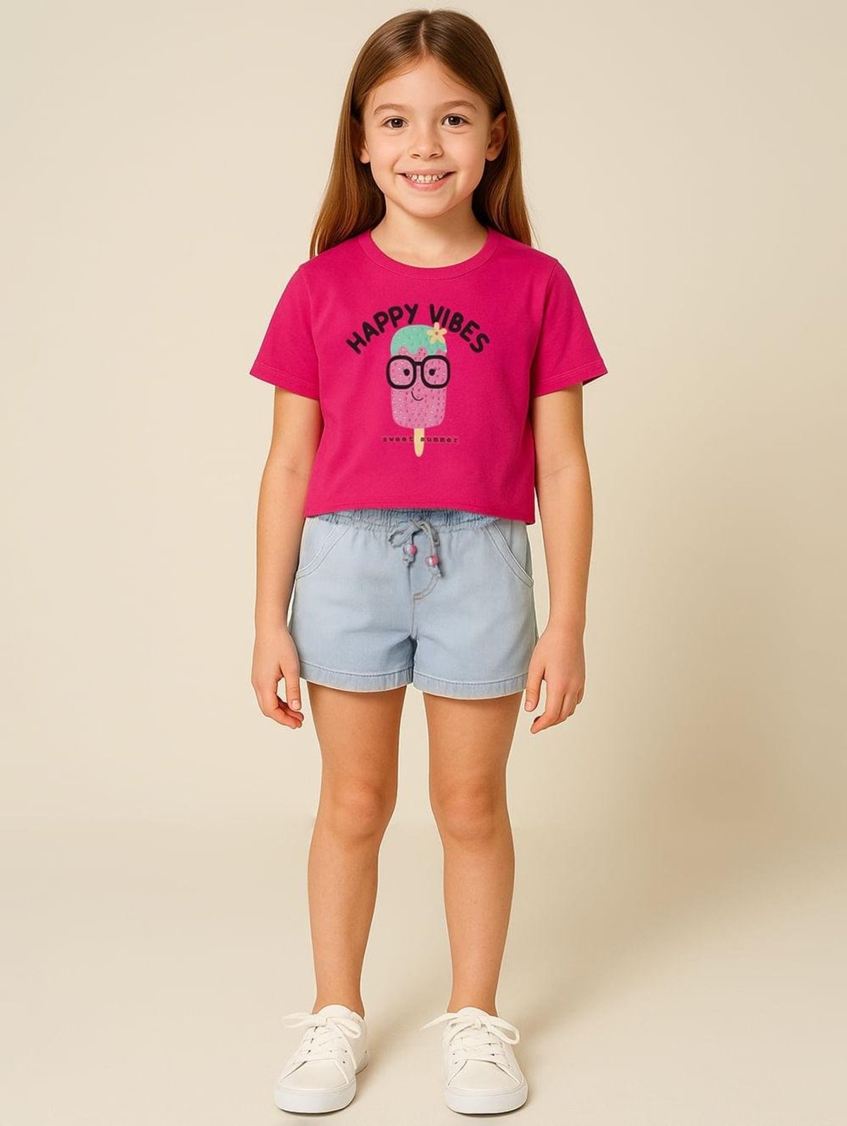Infantil - Conjunto Curto Jeans Para Menina - ROSA