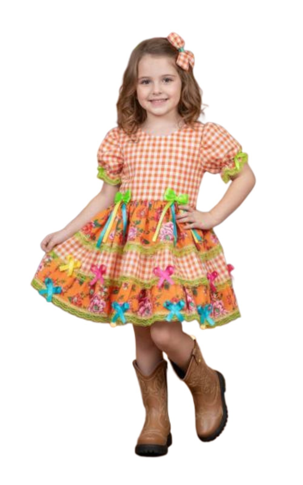 Infantil - Vestido Xadrez Junino Laranja Laços Festa Junina Caipira Quadrilha São João Sinhá Chita