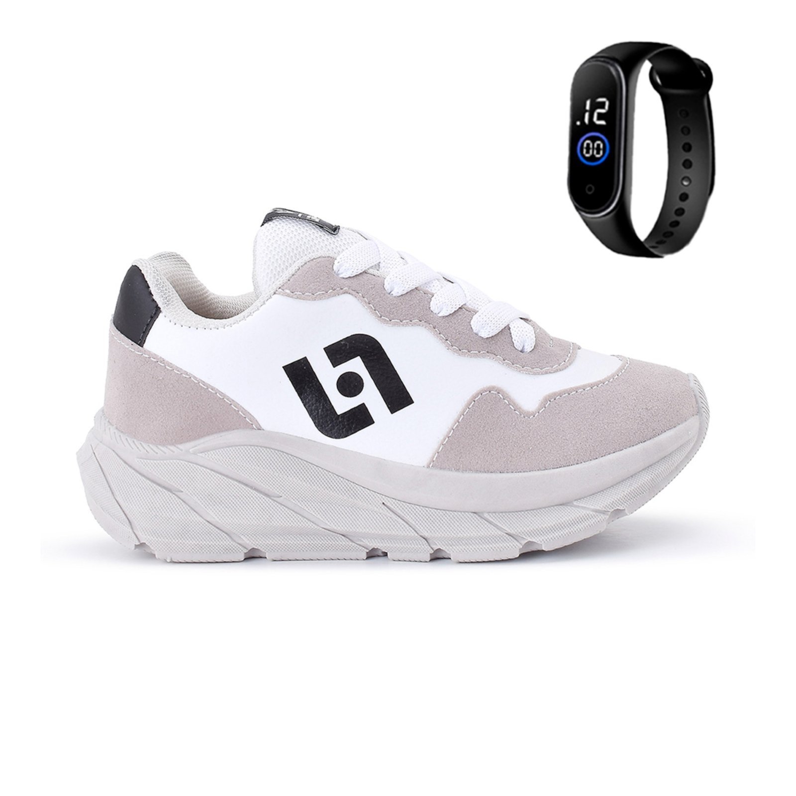 Infantil – Tenis Meninos Jogger Escolar Casual Camurça + Relogio Bege