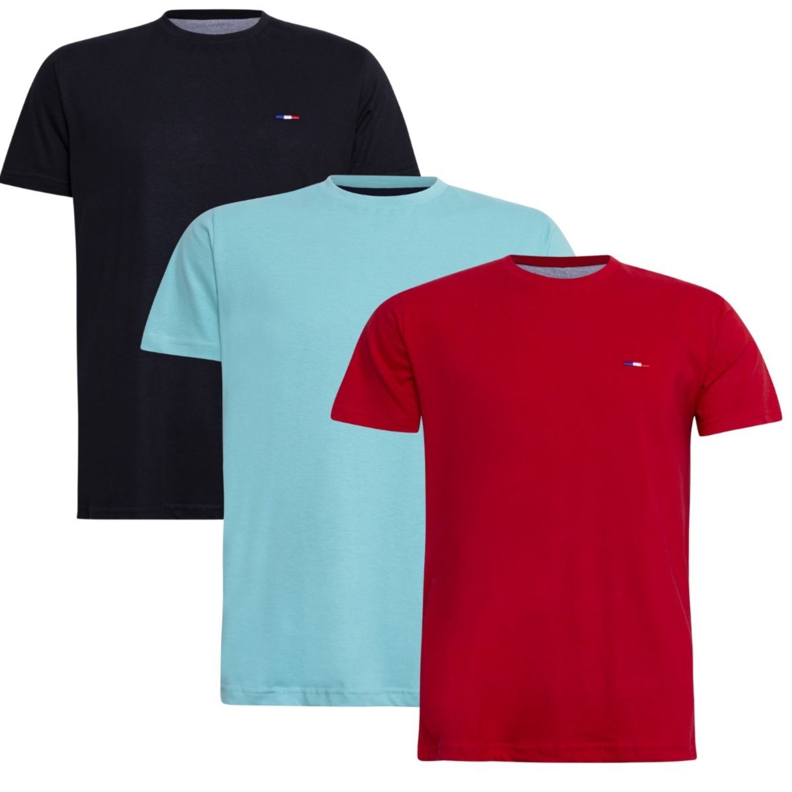 Kit 3 Peças Camisetas Básicas Masculina FMF Preto Azul Vermelho em Algodão Premium no Estilo Tommy Bordado França