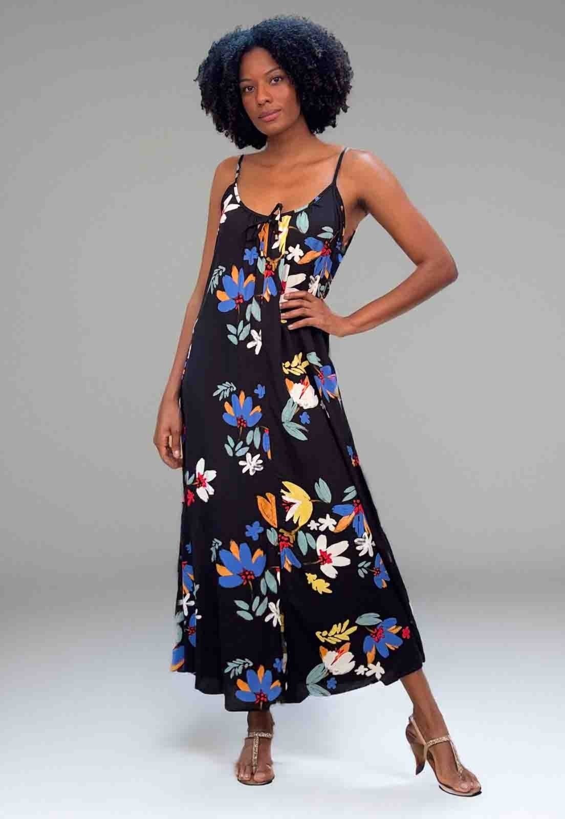 Vestido Longo Caçuá Viscose Alça Fina Floral Preto