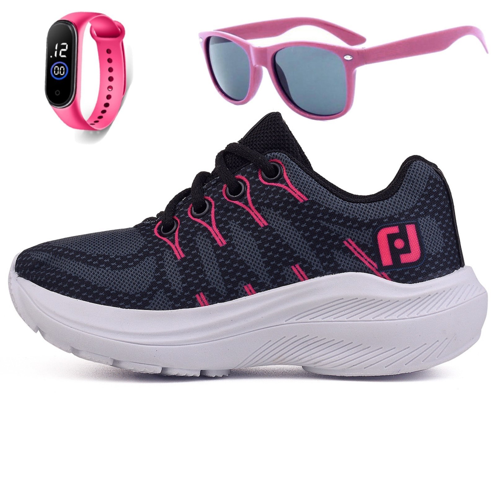 Infantil – Tenis Meninas Casual Escolar Calce Facil Preto + Oculos e Relogio