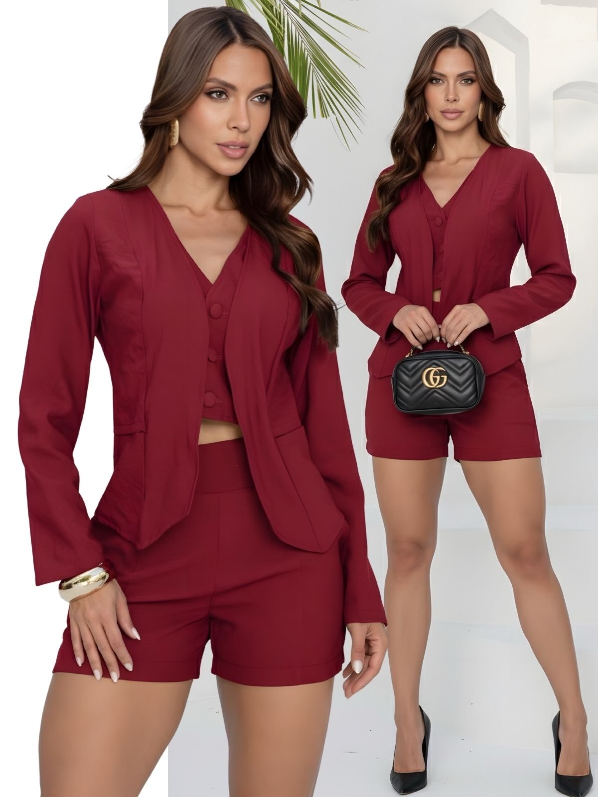 Conjunto Feminino Tropical Fashion Colete Cropped Duplo Shorts Alfaiataria – Vermelho Escuro