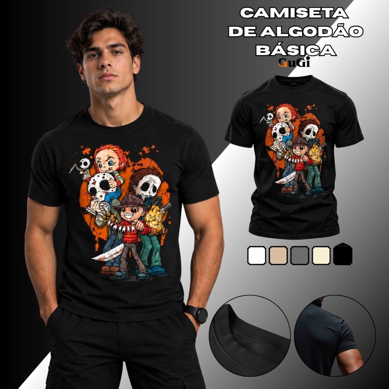 Camiseta Masculina Halloween Monstros Slasher 100% Algodão 30.1 Preto