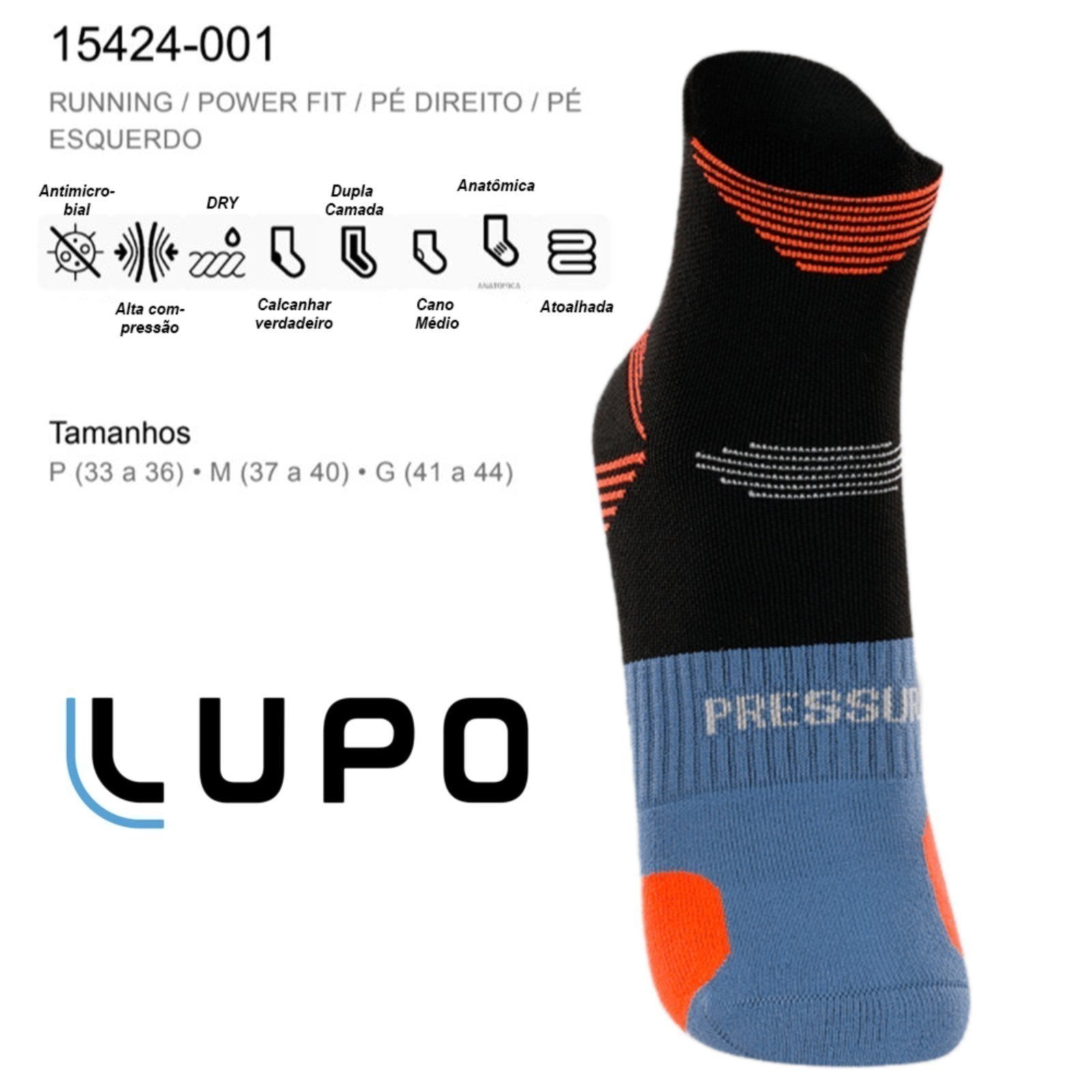Vista 2 Meia Lupo Running Power Adulto Masculino Curta Poliamida preto Lupo preto