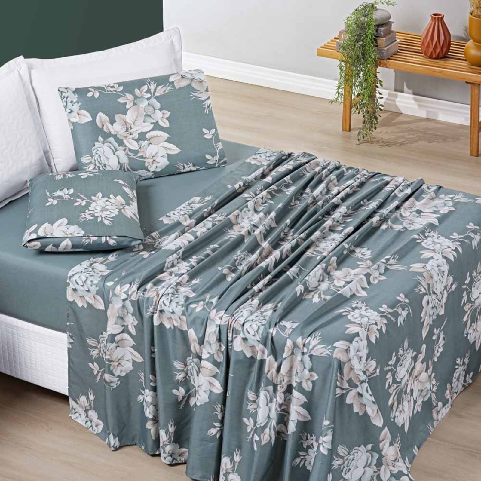 Jogo Cama Lençol Casa Scarpa Celi Solteiro Micropercal 200 Fios 3 Peças - Verde Floral
