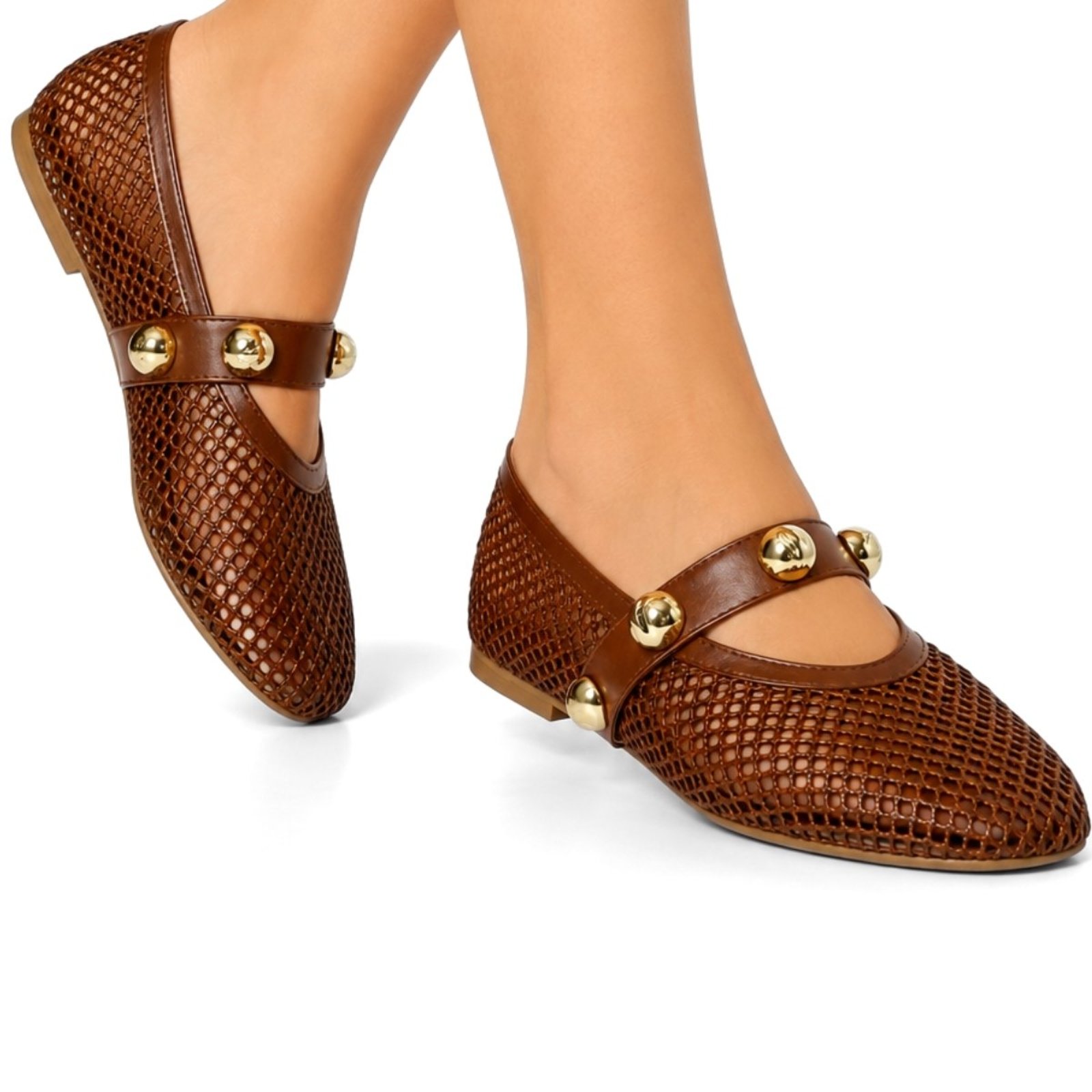 Sapatilha Em Redinha Hannah Footwear Bico Redondo Tira Com Enfeites Dourado 5405 Cacau