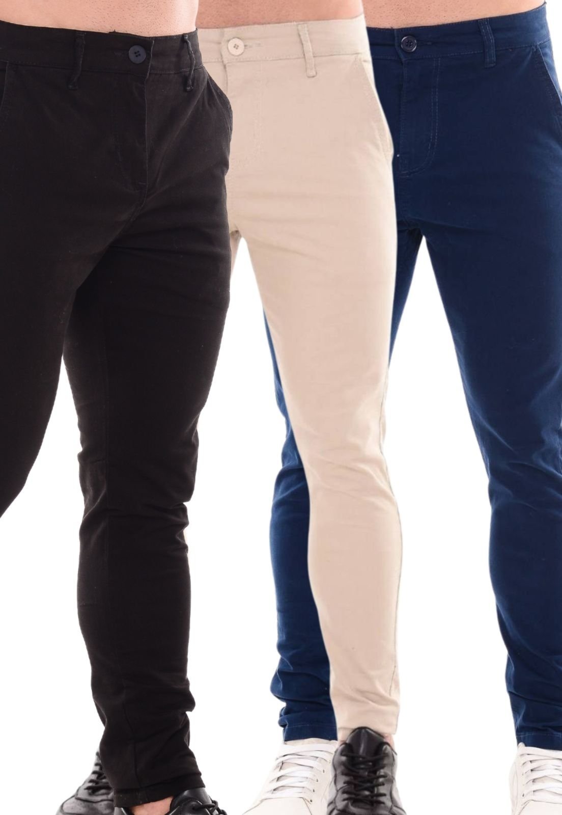 Kit 3 Calças Sarja Masculina Niha Jeans Confortável e Estilosa Bege Preto e Azul
