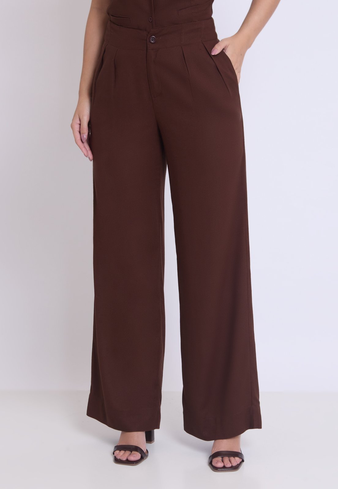 Calça Linho Miss Joy 8470 Alfaiataria Wide Leg Marrom