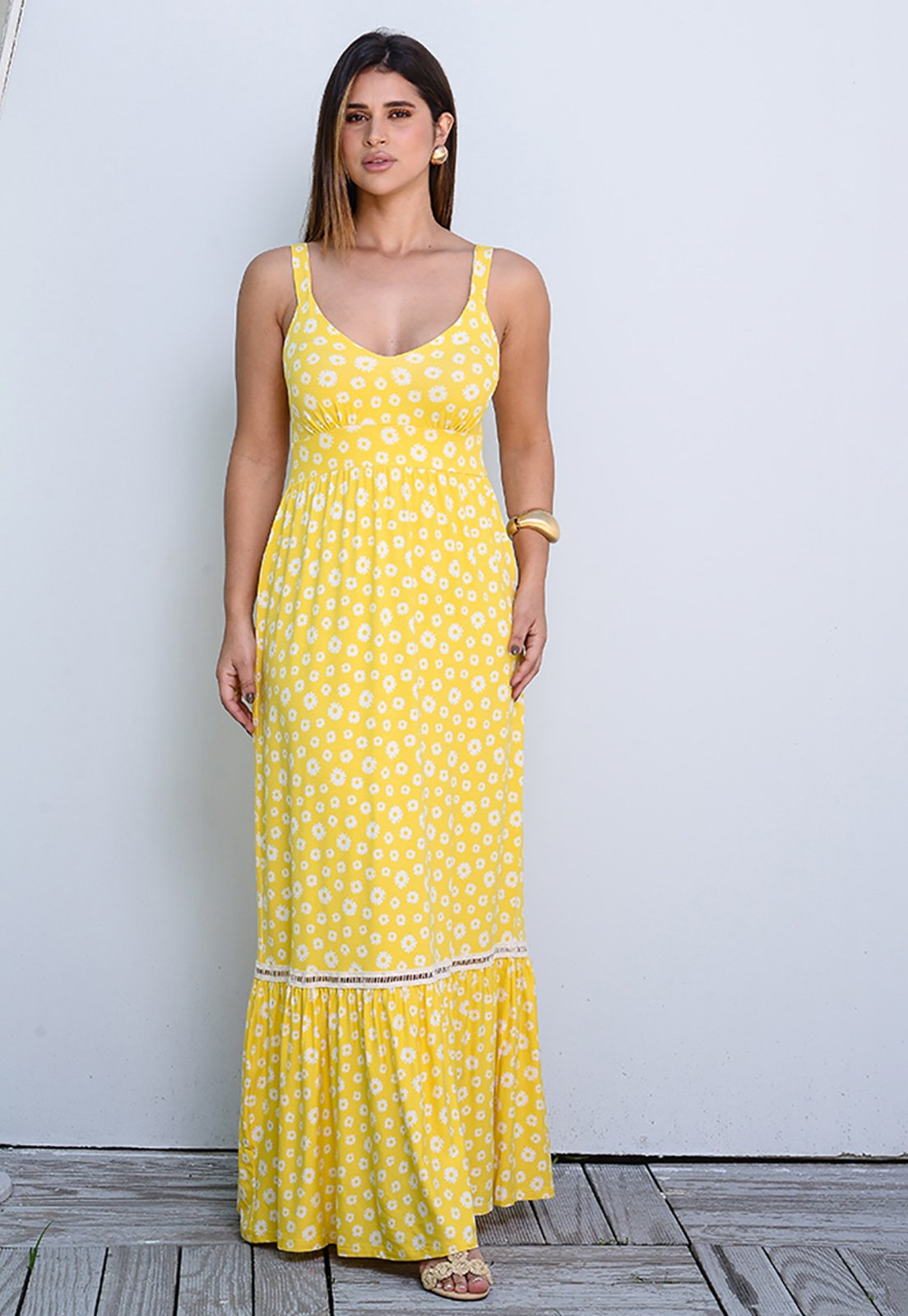 Vestido Longo Alça Barra Guipir com Bojo BBonnie Sarah Floral Amarelo