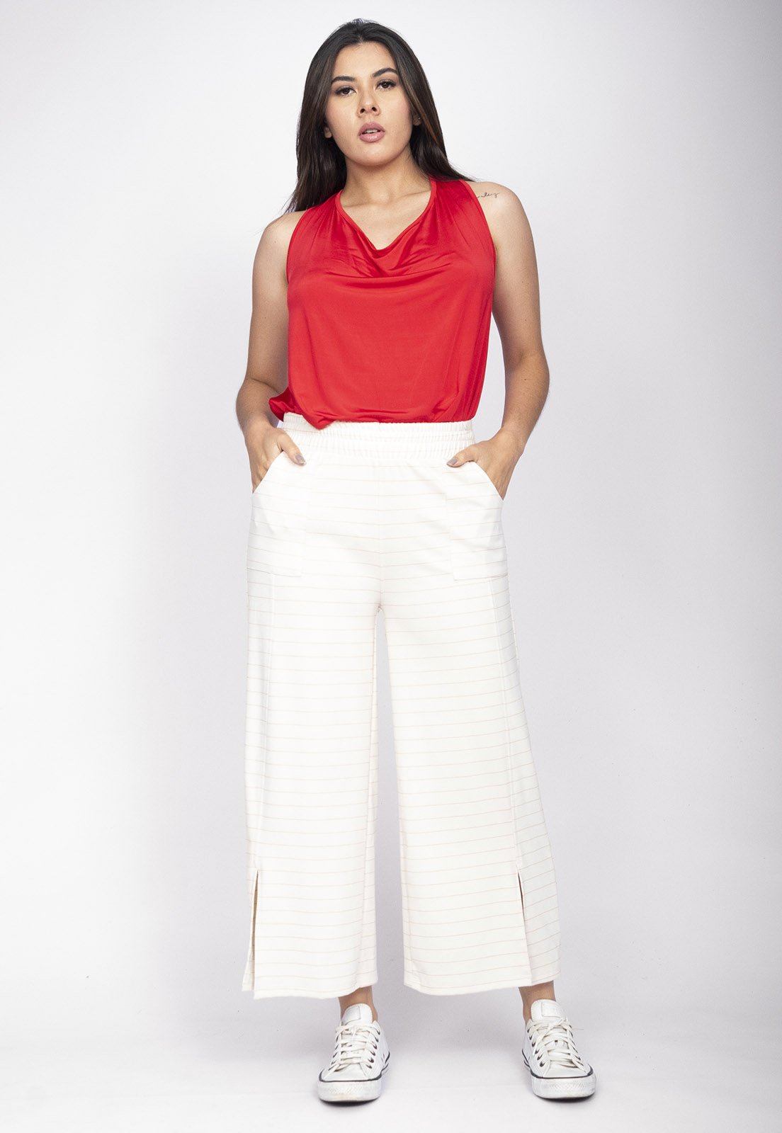 Vista 2 Calça Pantacourt Amazônia Vital Malha Encorpada Risca de Giz Off White off-white white Amazonia Vital off-white white