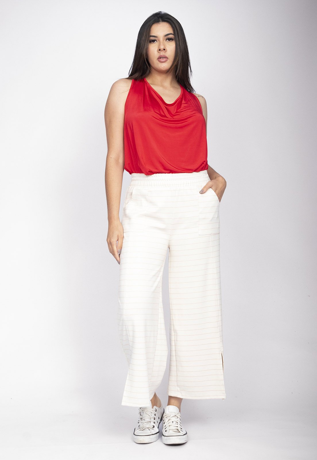 Vista 3 Calça Pantacourt Amazônia Vital Malha Encorpada Risca de Giz Off White off-white white Amazonia Vital off-white white