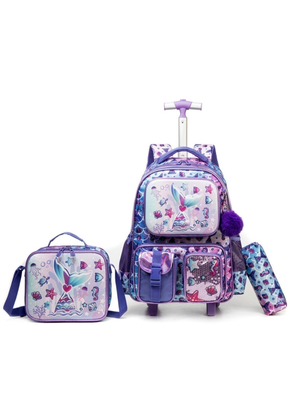 Infantil – Kit Mochila Lequeen Rodinhas Escolar Reforçada Lilás Sereia