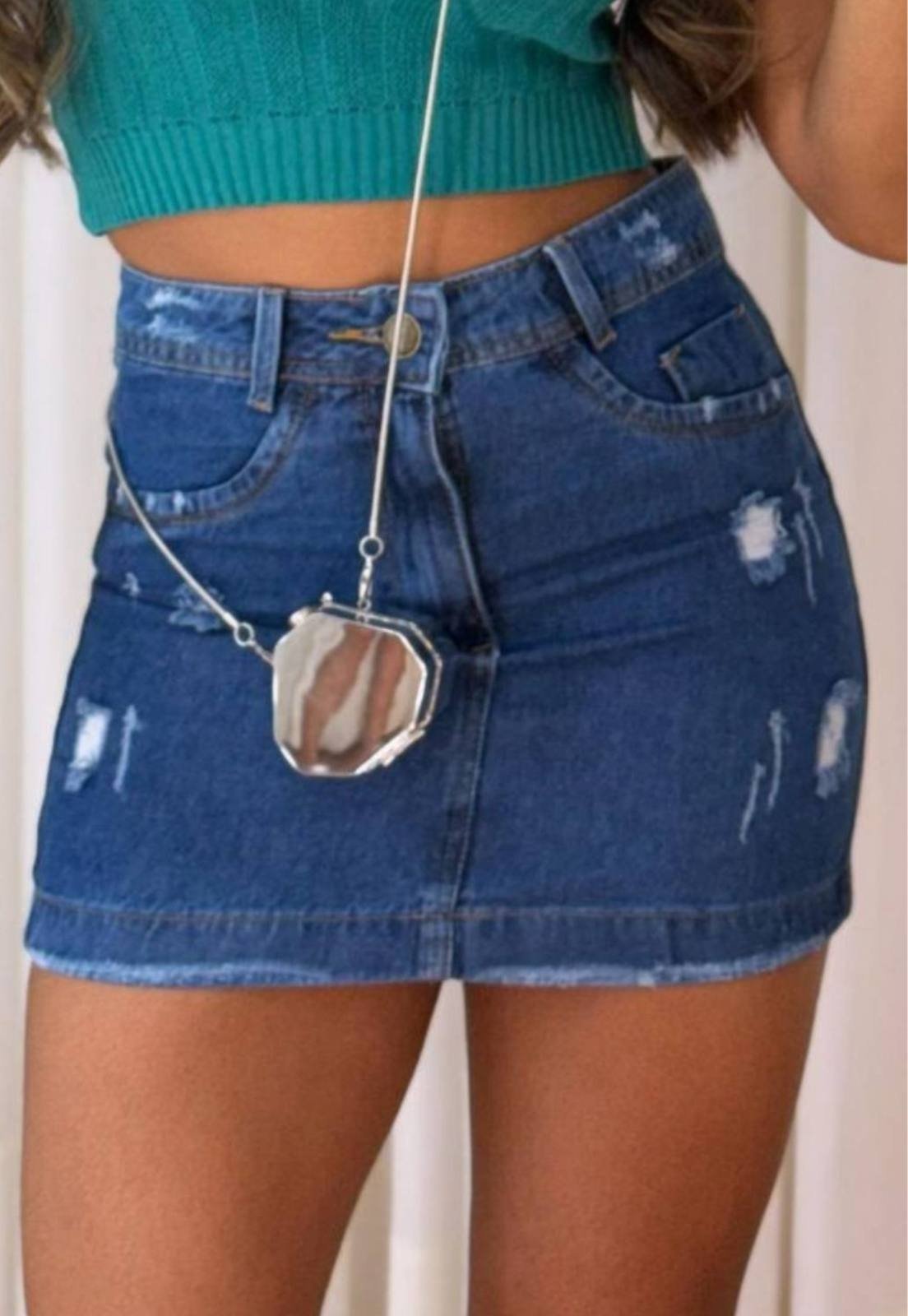 Saia Feminina Yellow Jeans Cintura Alta Barra Estilosa Azul
