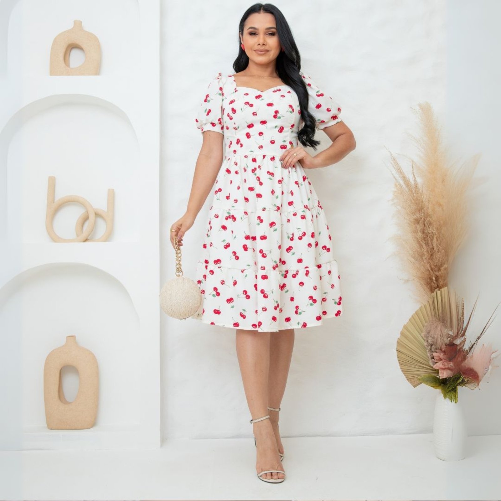 Vestido Midi com Estampa de Cerejas e Manga Bufante Moda Modesta Evangelica – REF: Nubia