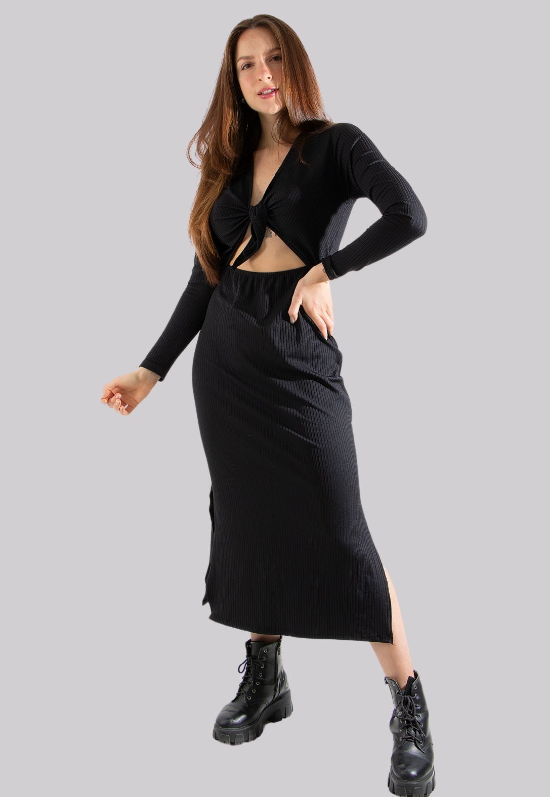 Vestido Midi Laço Frontal Diluxo Manga Longa Canelado Preto