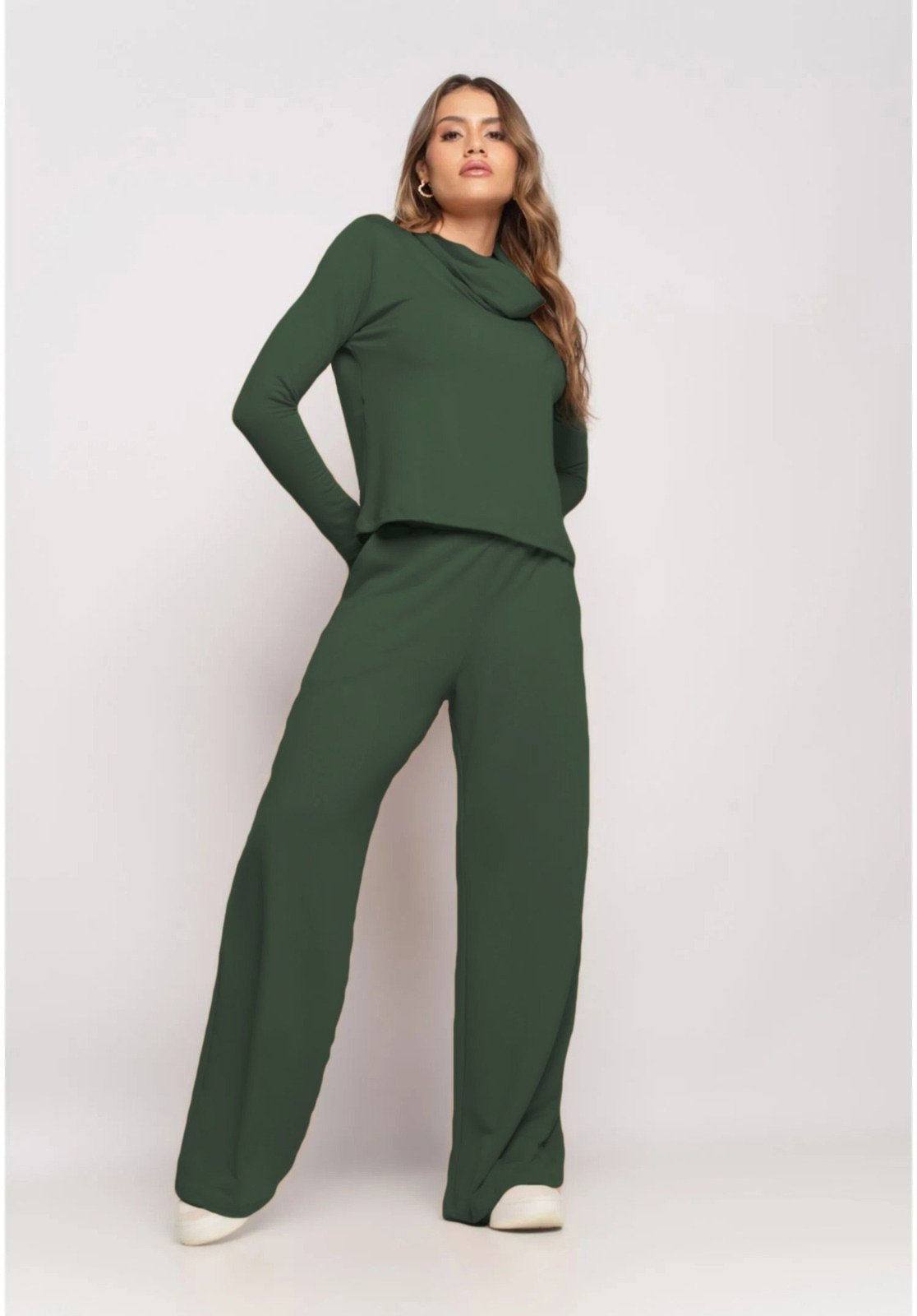 Conjunto De Moletinho Com Blusa Golão E Calça Wide Leg Salvatore Fashion verde