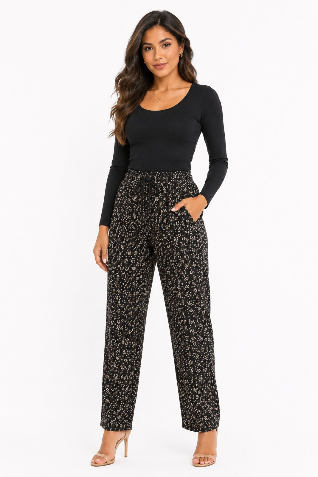 Calça D Bell Outlet Fashion Crepe Duna Flores E Bolinhas Amarelas