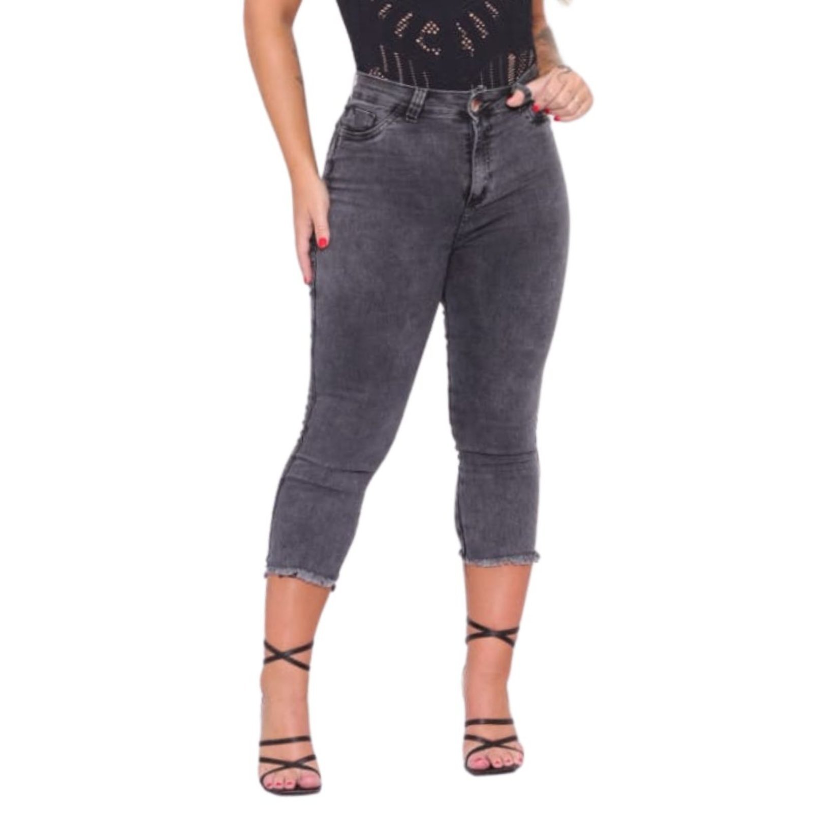 Calça Corsário Curta Chumbo/Cinza/Marmorizada Feminina Jeans Cintura Alta Moda Tendência Alleppo Jeans