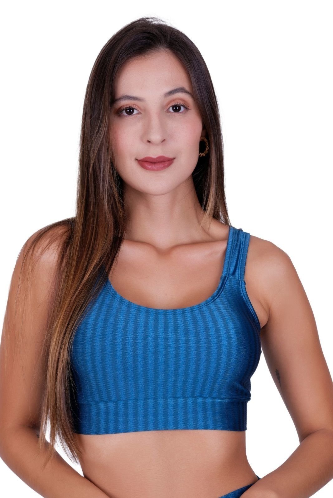 Top Fitness com Bojo Removível Cropped de Academia 3D Adulto Feminino Terra e Mar Azul