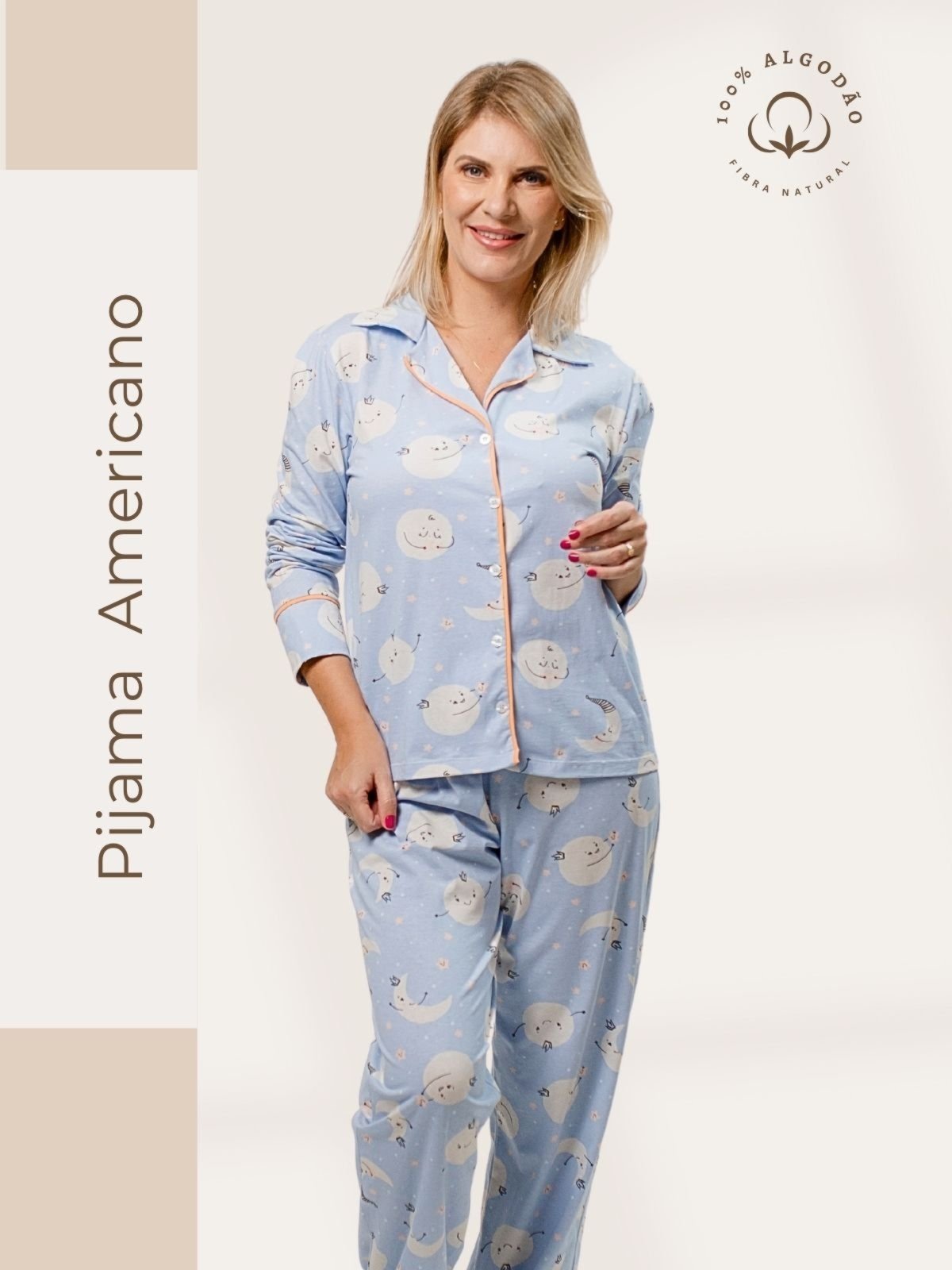Pijama Algodão Americano Feminino Longo Fernanda – Lua Azul –