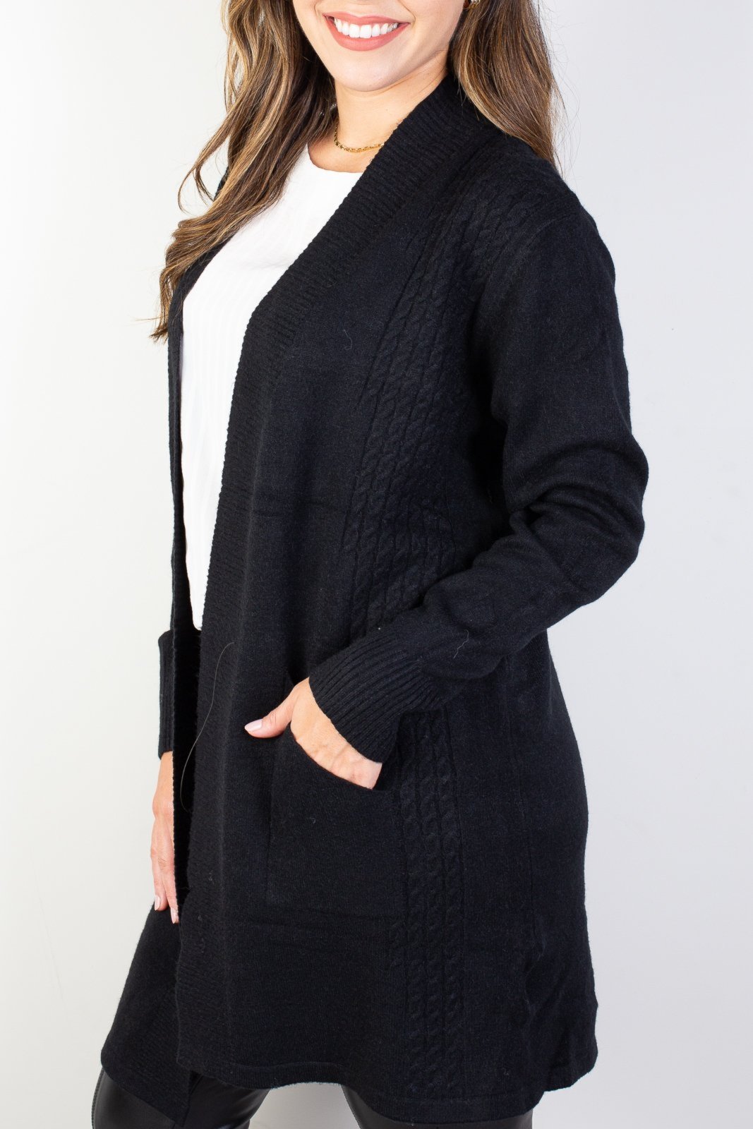 Vista 3 Cardigan alongado feminino com bolsos 81131 Enluaze preto Enluaze preto