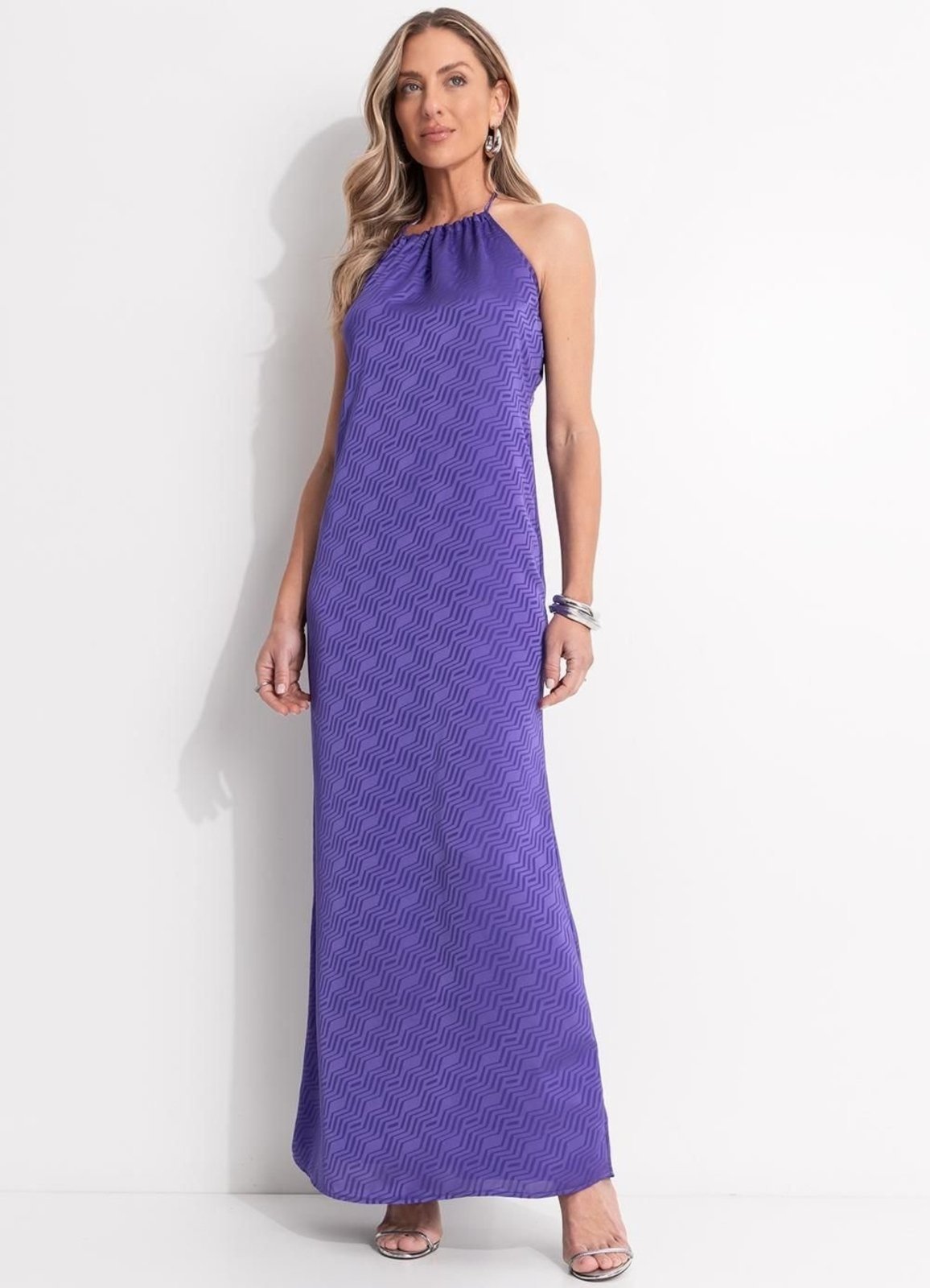 Vestido Em Crepe Plano Chevron Roxo Quintess