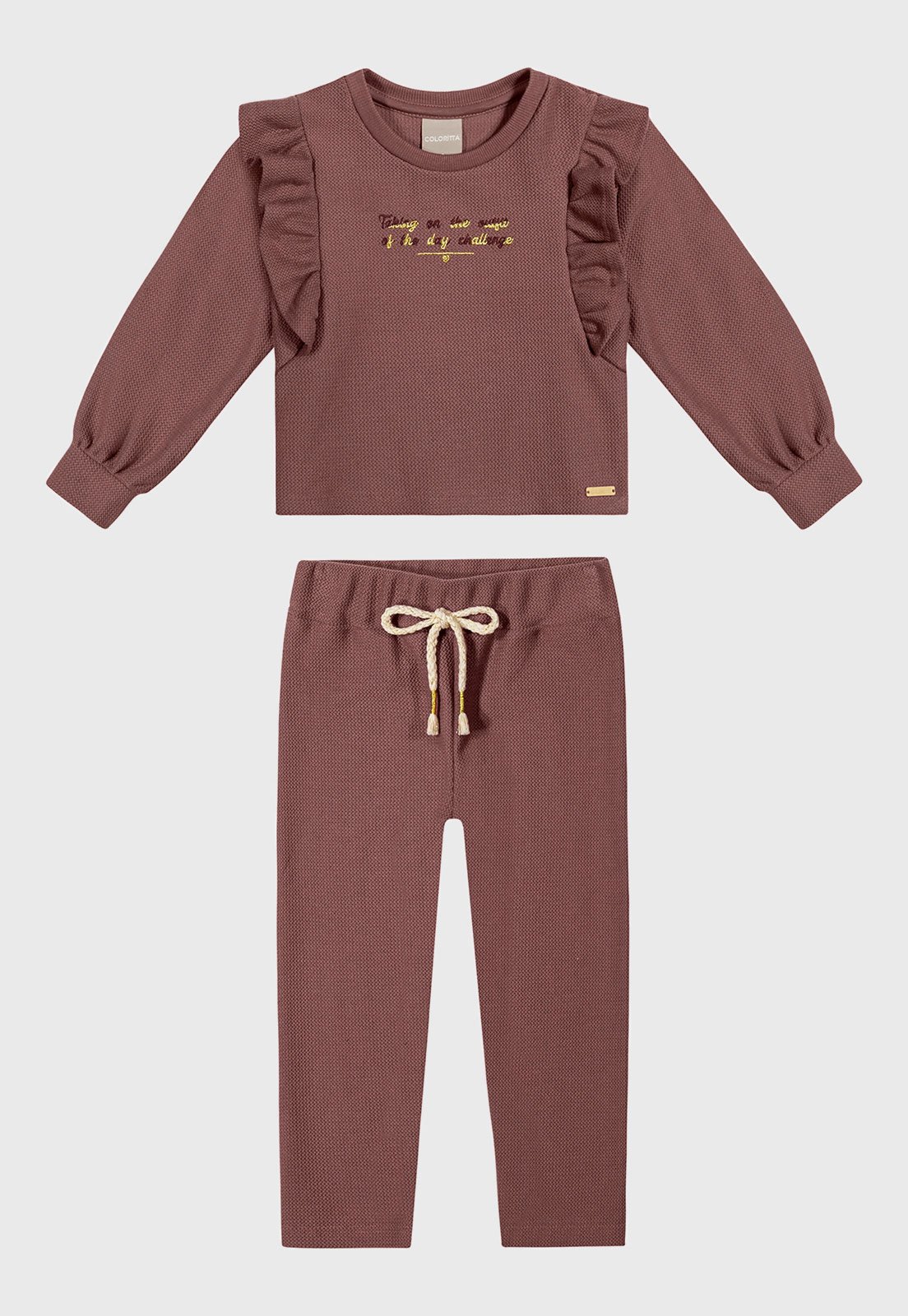 Infantil - Conjunto Coloritta Blusa Manga Longa Babado e Calça Marrom