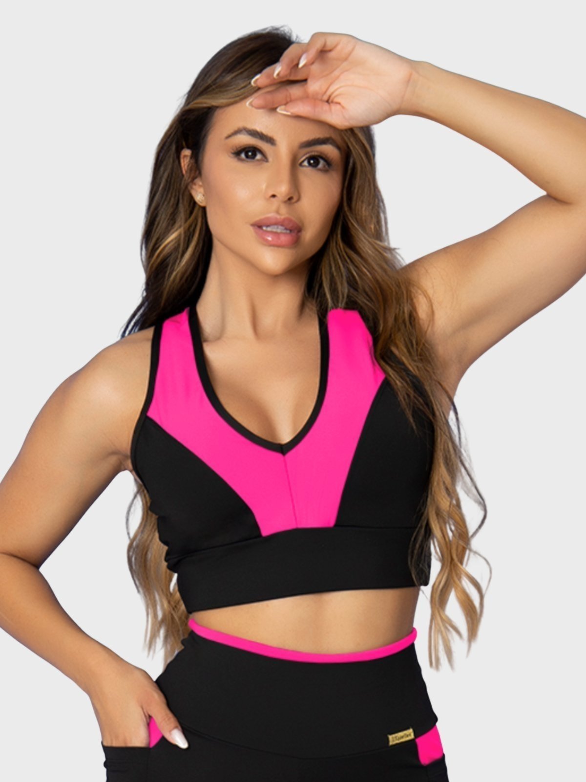 Top Fitness Tarelles Alça Larga Cropped Forrado Preto e Rosa Neon