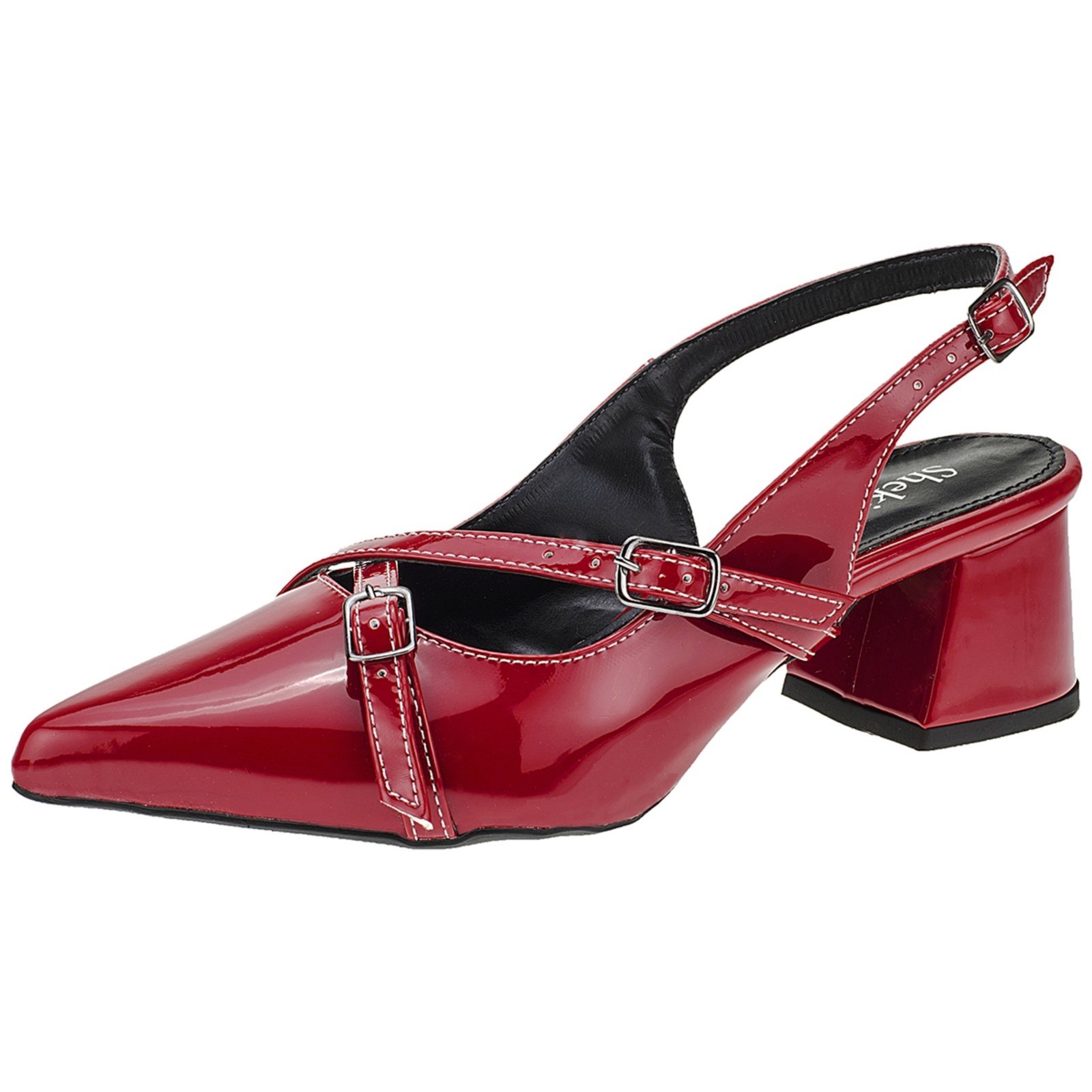 Scarpin Bico Fino Feminino Salto Baixo Slingback Shekinah Fivelas Confortável Lançamento Sensação Vermelho