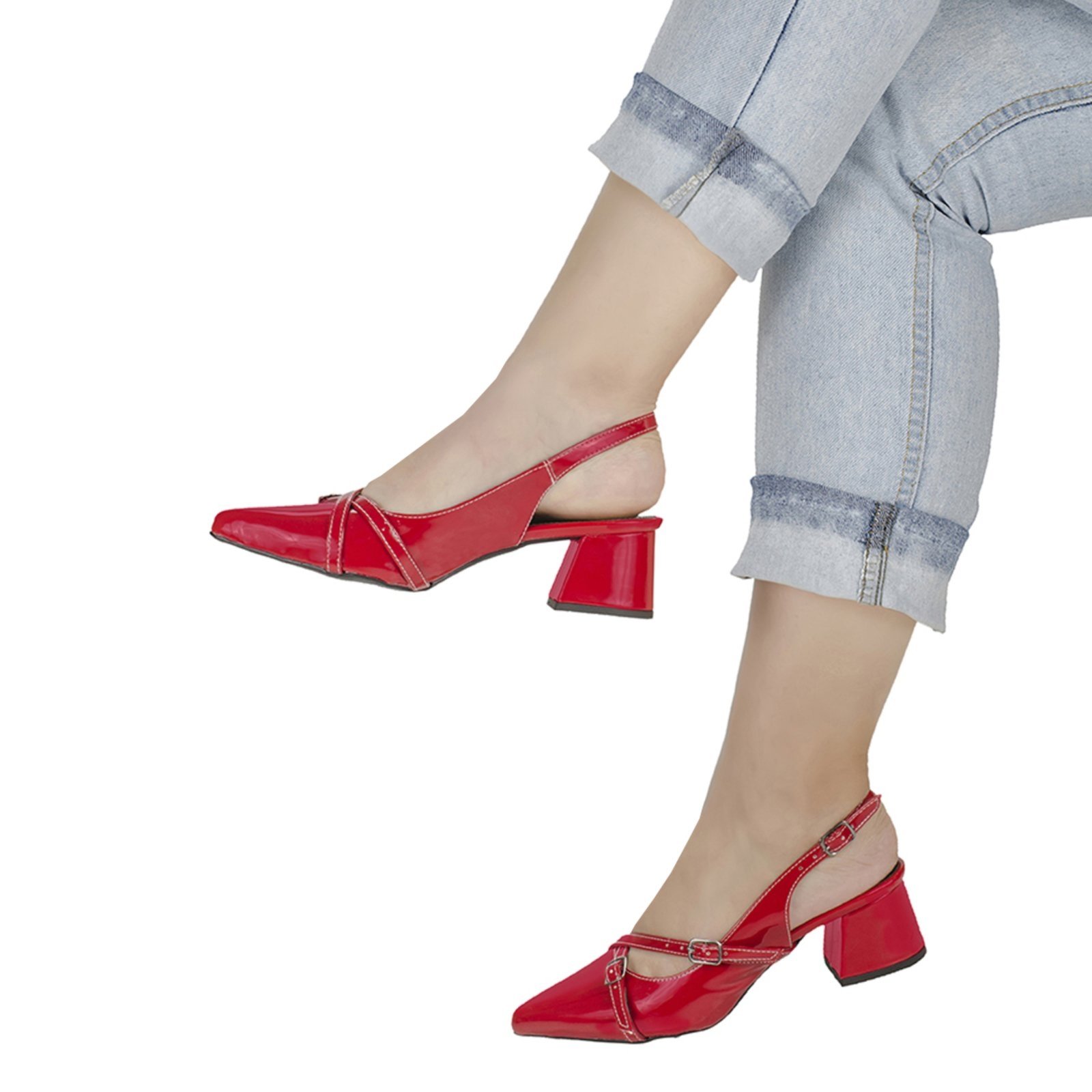 Vista 3 Scarpin Bico Fino Feminino Salto Baixo Slingback Shekinah Fivelas Confortável Lançamento Sensação vermelho Shekinah vermelho
