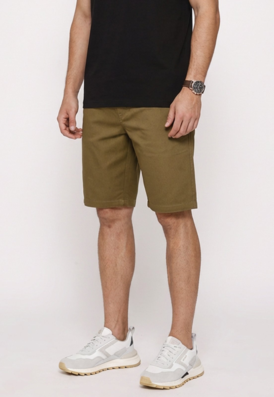 Vista 2 Bermuda Masculina Sarja Cós Elástico Casual Confortável Estilo Urbano Marrom Macaw bege Macaw bege